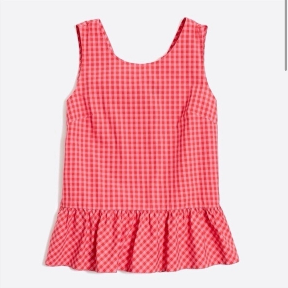 J. Crew Red and Pink Gingham Checkered Bow Back Peplum Tank Top XS